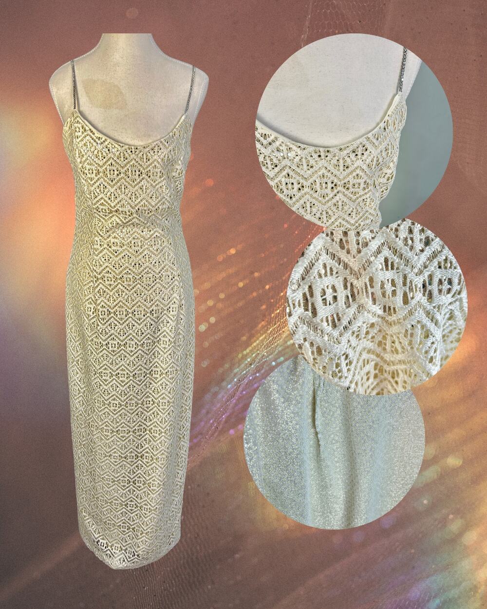Vintage 70s Bari Jay Ivory Gold Open Weave Rhinestone Strap Evening Gown 7/8